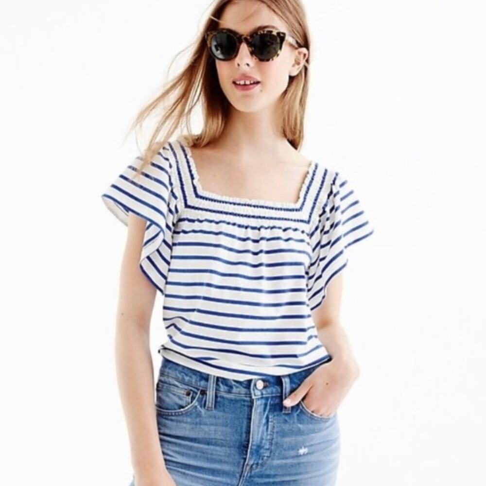 J. Crew Striped Square Neck Nautical Flutter Sleeve Top Navy White Size Medium